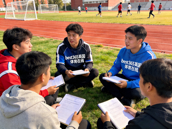 best365英国体育在线团队在校园体育场边讨论工作的场景